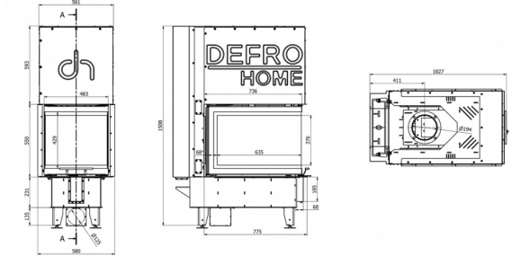 Топка DEFRO HOME INTRA SM U G, 10 кВт, 580/550/775мм, трехсторонний, гильотина
